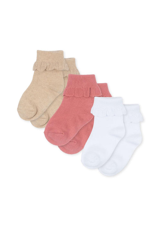 Kongens Sløjd 3er-Pack Rüschensocken - Sand/Optikweiß/Himbeere